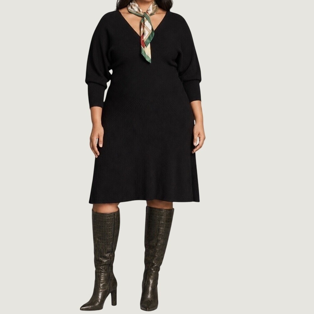 Anthropologie V-Neck Smocked Waist Dress 1X Plus Ribbed‎ Knit Midi Black Onyx